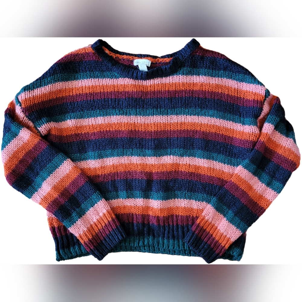 EUC Full Tilt Colorful Stripe Crew Neck Crop Knit Pullover Sweater - S/M